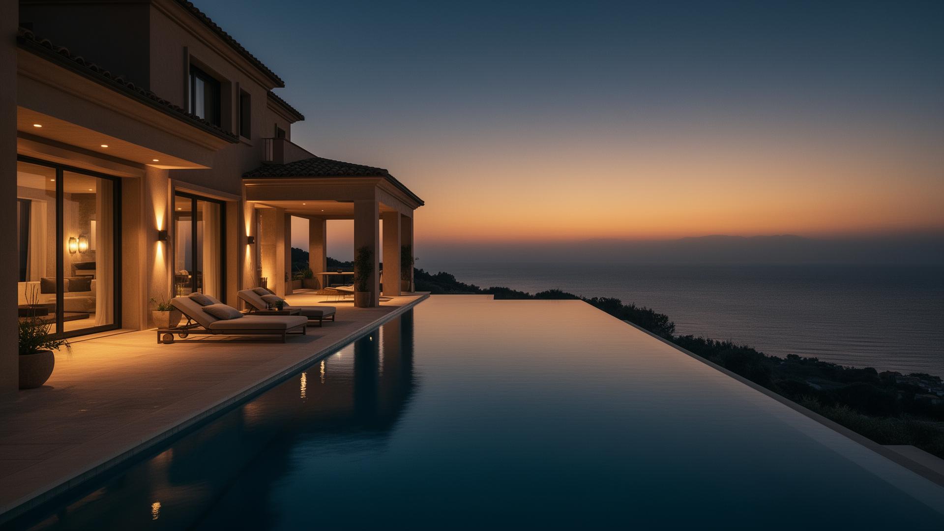 Modern villa exterior at twilight with infinity pool