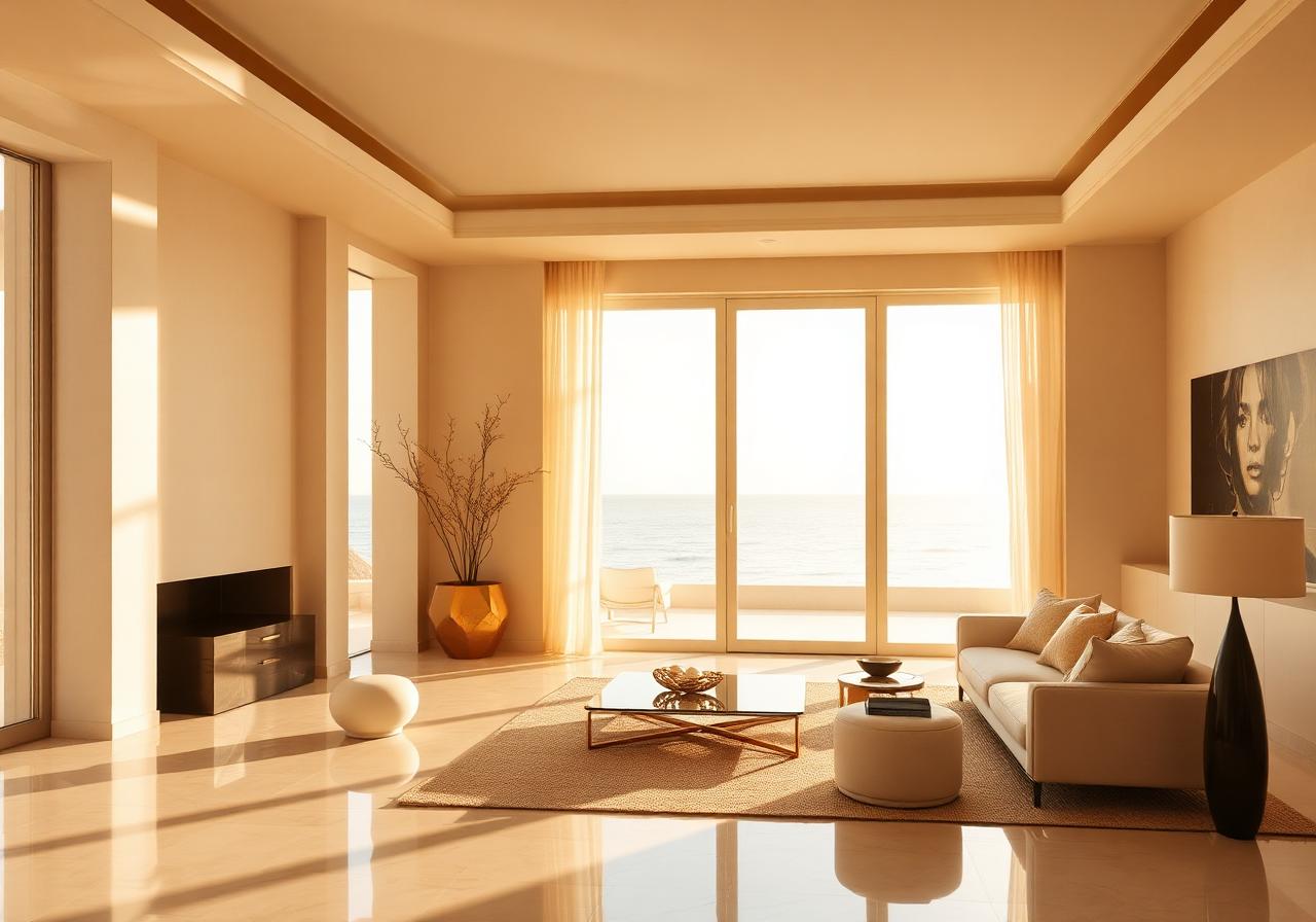 Luxury Cyprus villa interior with sea-view living room